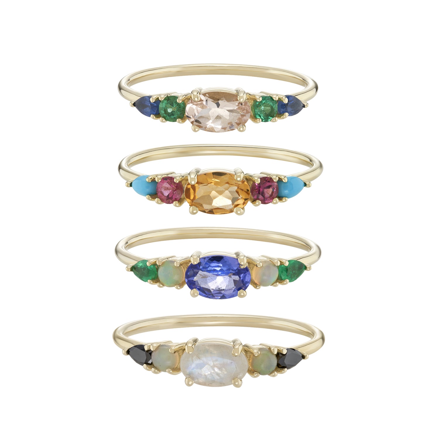 Multi Gemstone Claw Set Ring Morganite, Emerald &amp; Blue Sapphire