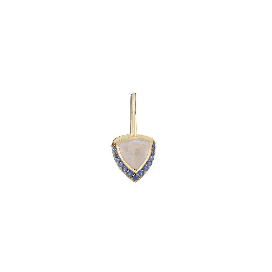 Moonstone and blue sapphire trillion drop earrings, in solid ellow gold.