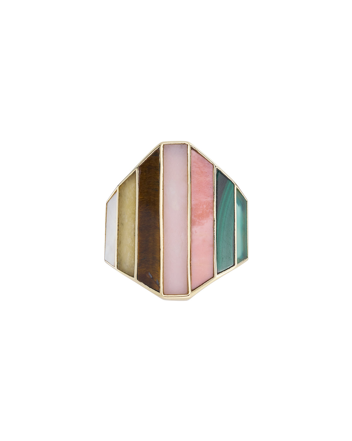 metier by tomfoolery shield  ring with multicolored stone inlay on a white background