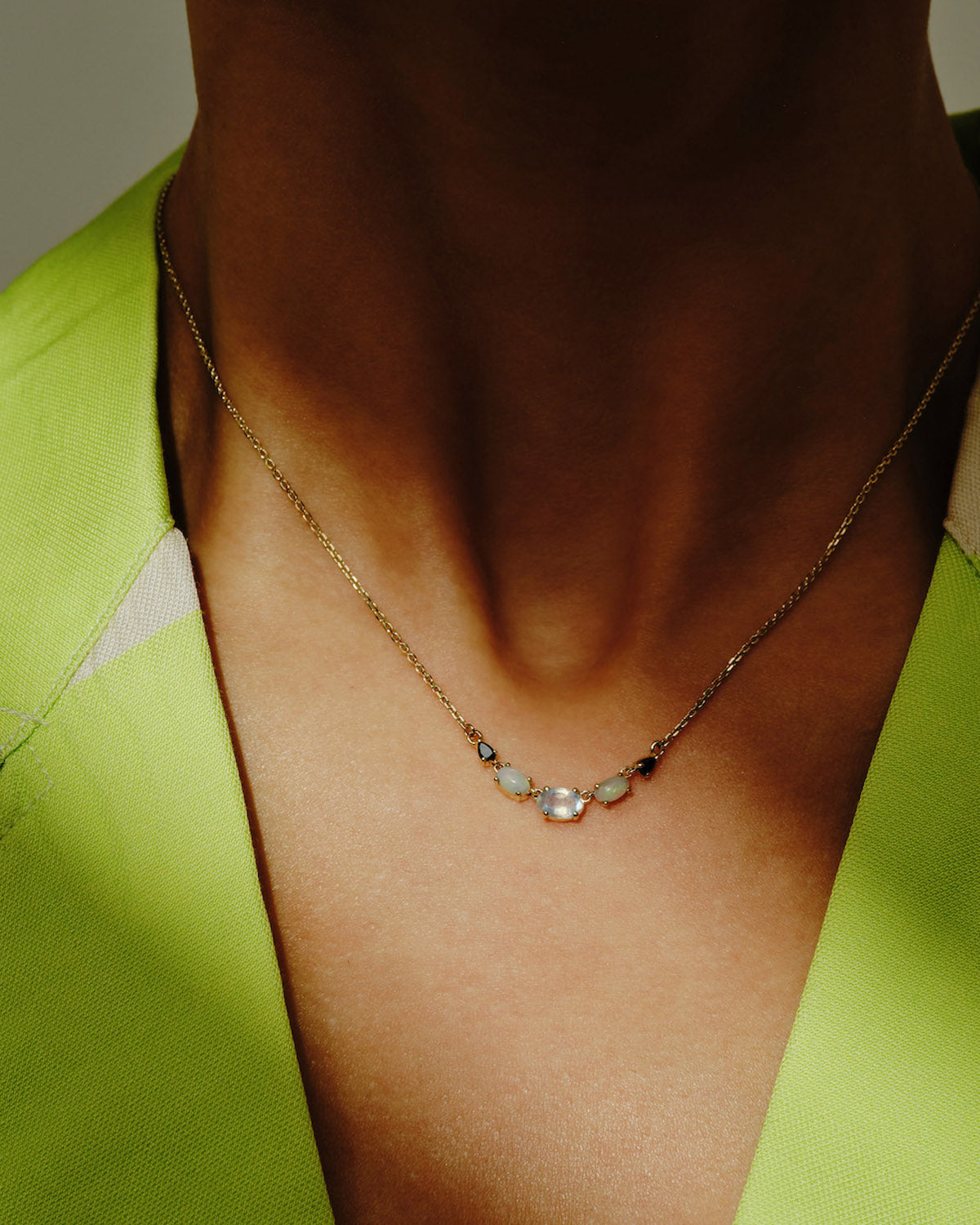 Multi Gemstone Claw Set Necklace Moonstone, Blue Opal &amp; Black Diamond