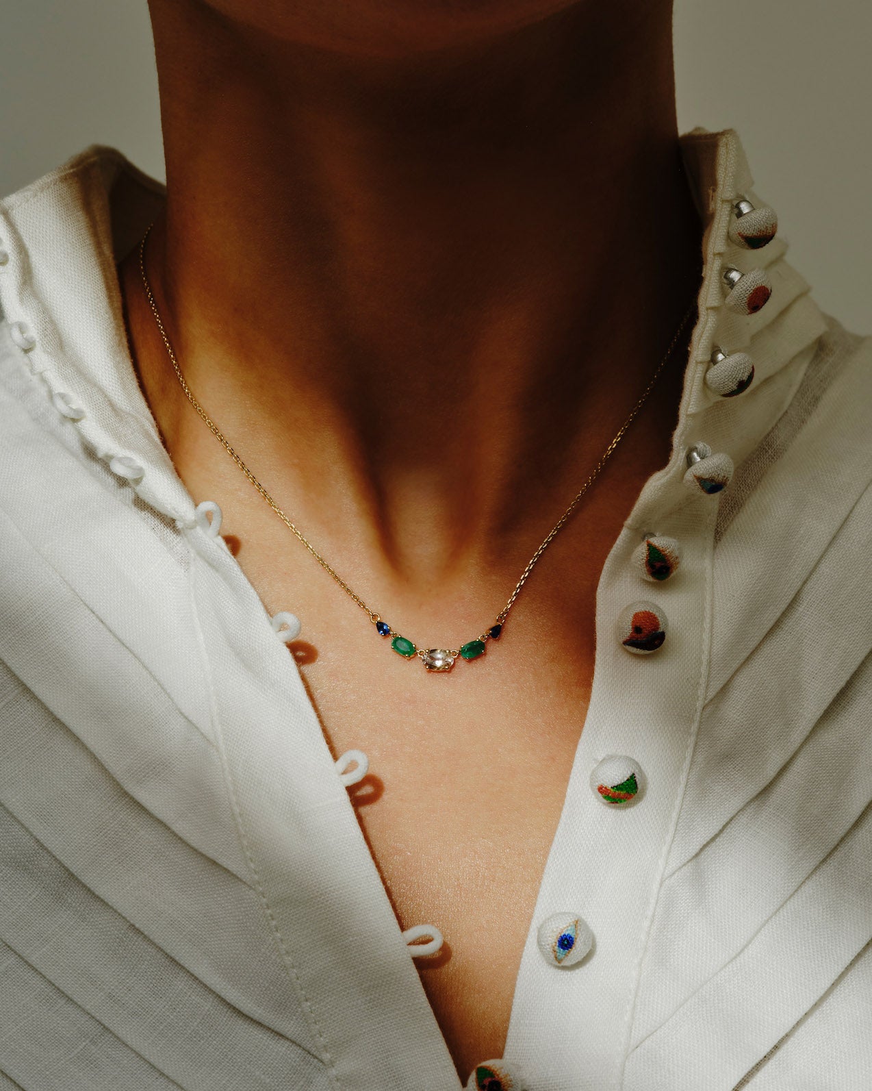 Multi Gemstone Claw Set Necklace Morganite, Emerald &amp; Blue Sapphire