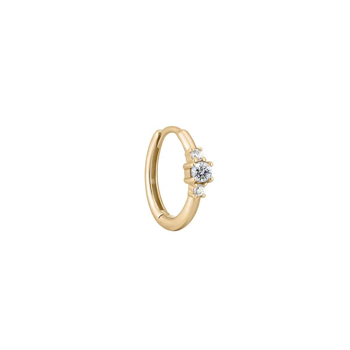 Métier by tomfoolery Petite Triple Gemstone Clicker Hoop earring. 9ct yellow gold. white diamond.