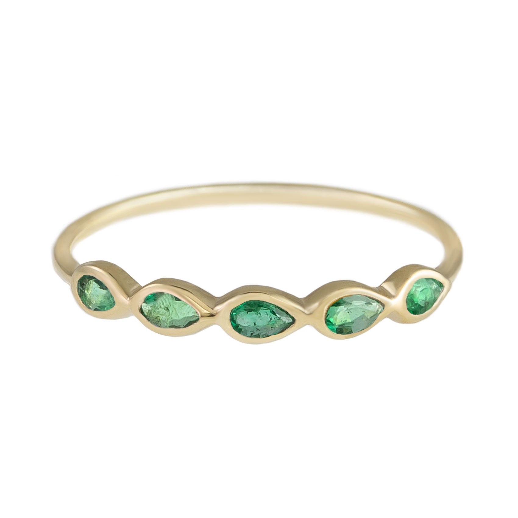 Métier by tomfoolery 5 Stone Emerald Ring 9ct Yellow Gold with Pear Cut Emeralds