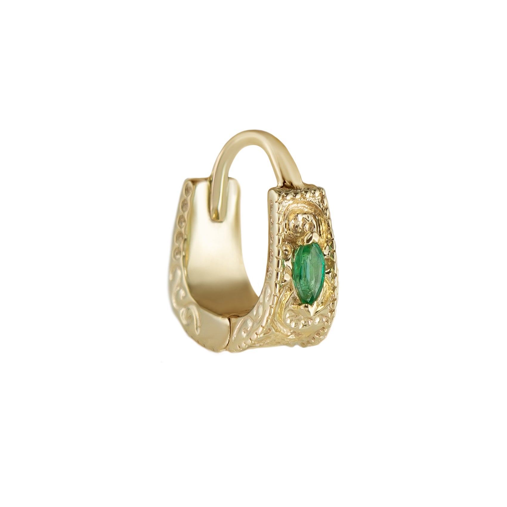 Métier by tomfoolery Dala Detail Textured Gemstone Huggie 9ct yellow gold emerald