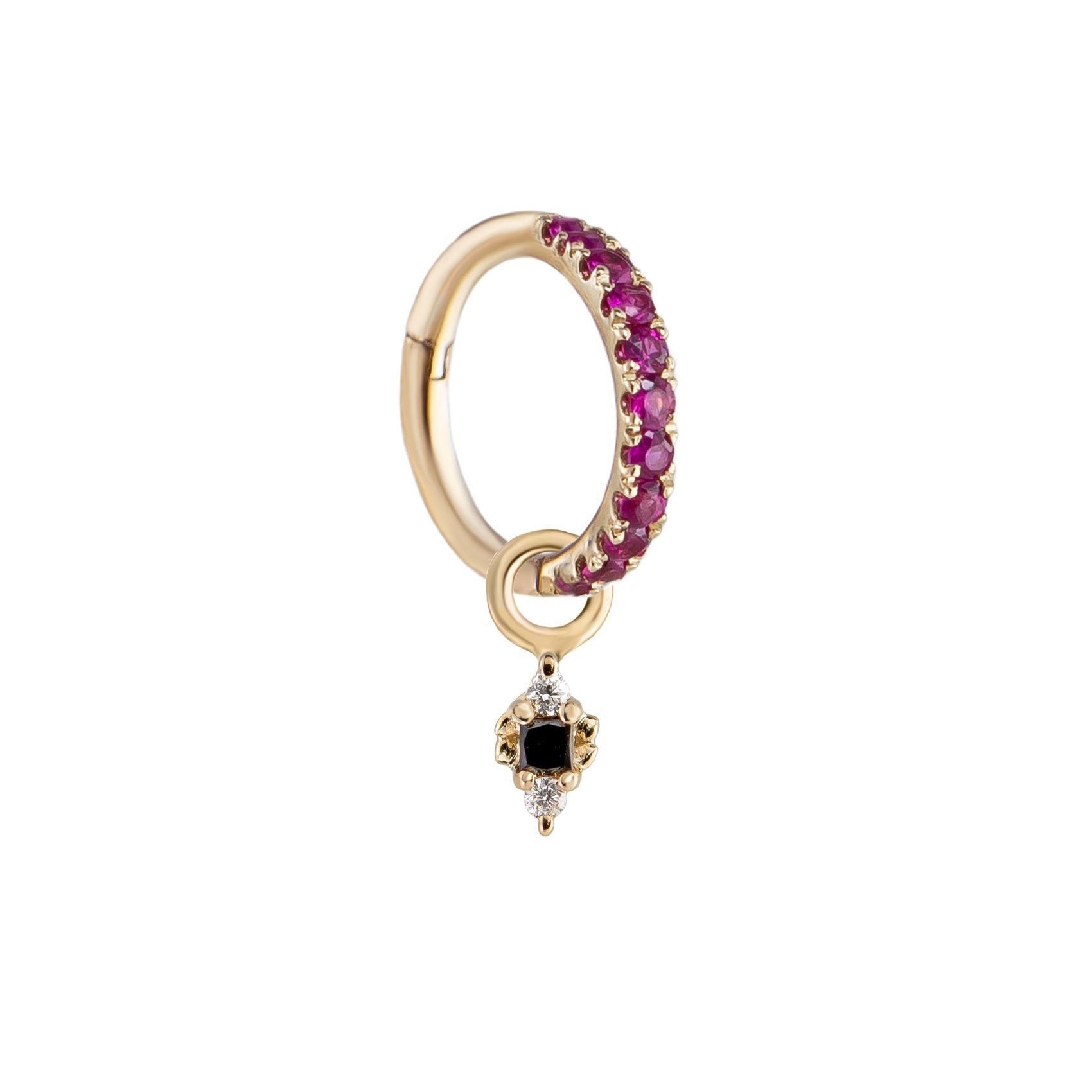 Métier by tomfoolery Ruby Hexa and Dala Ear Story. 9ct Yellow Gold. White and Black Diamonds. Rubies.
