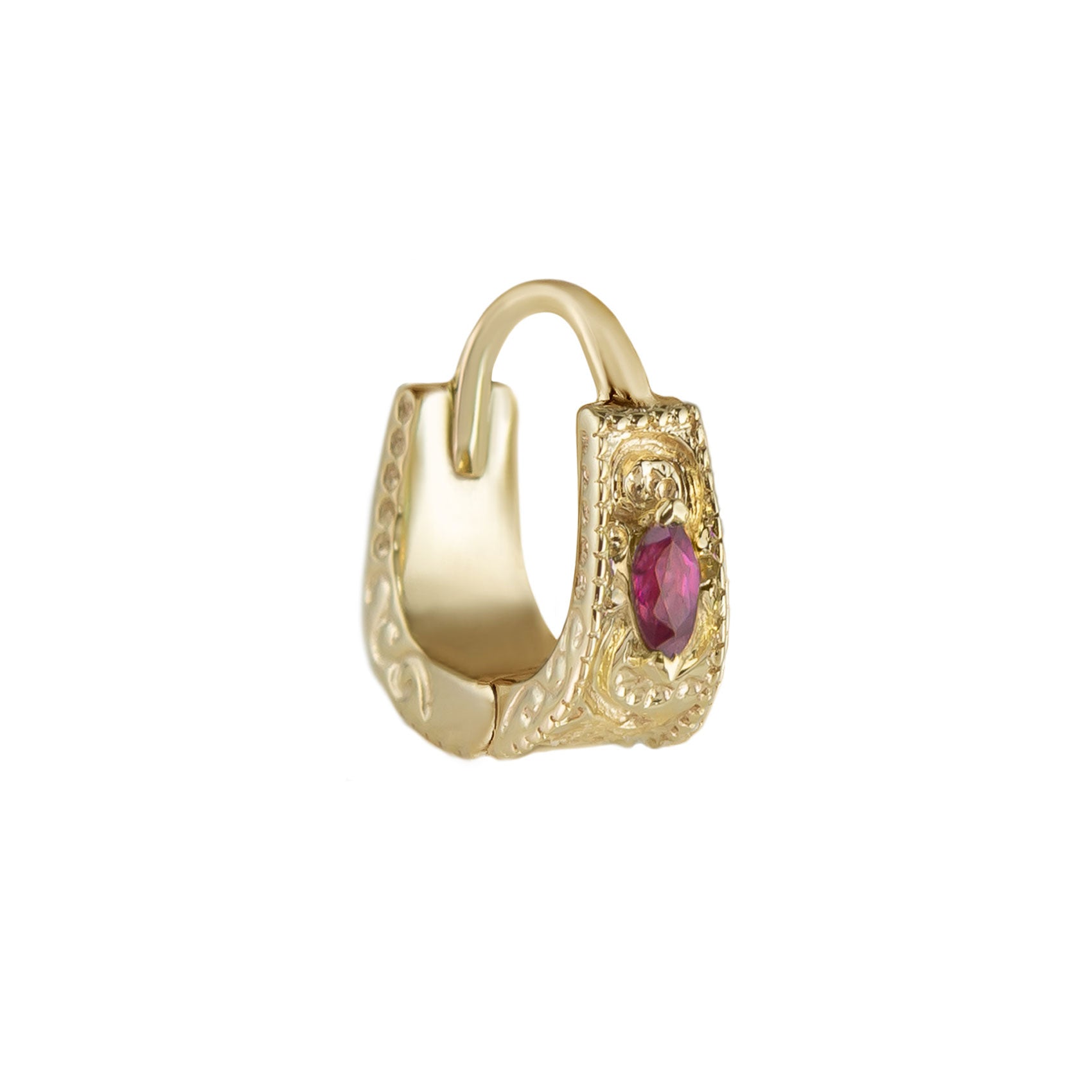 Métier by tomfoolery Dala Detail Textured Gemstone Huggie 9ct yellow gold ruby