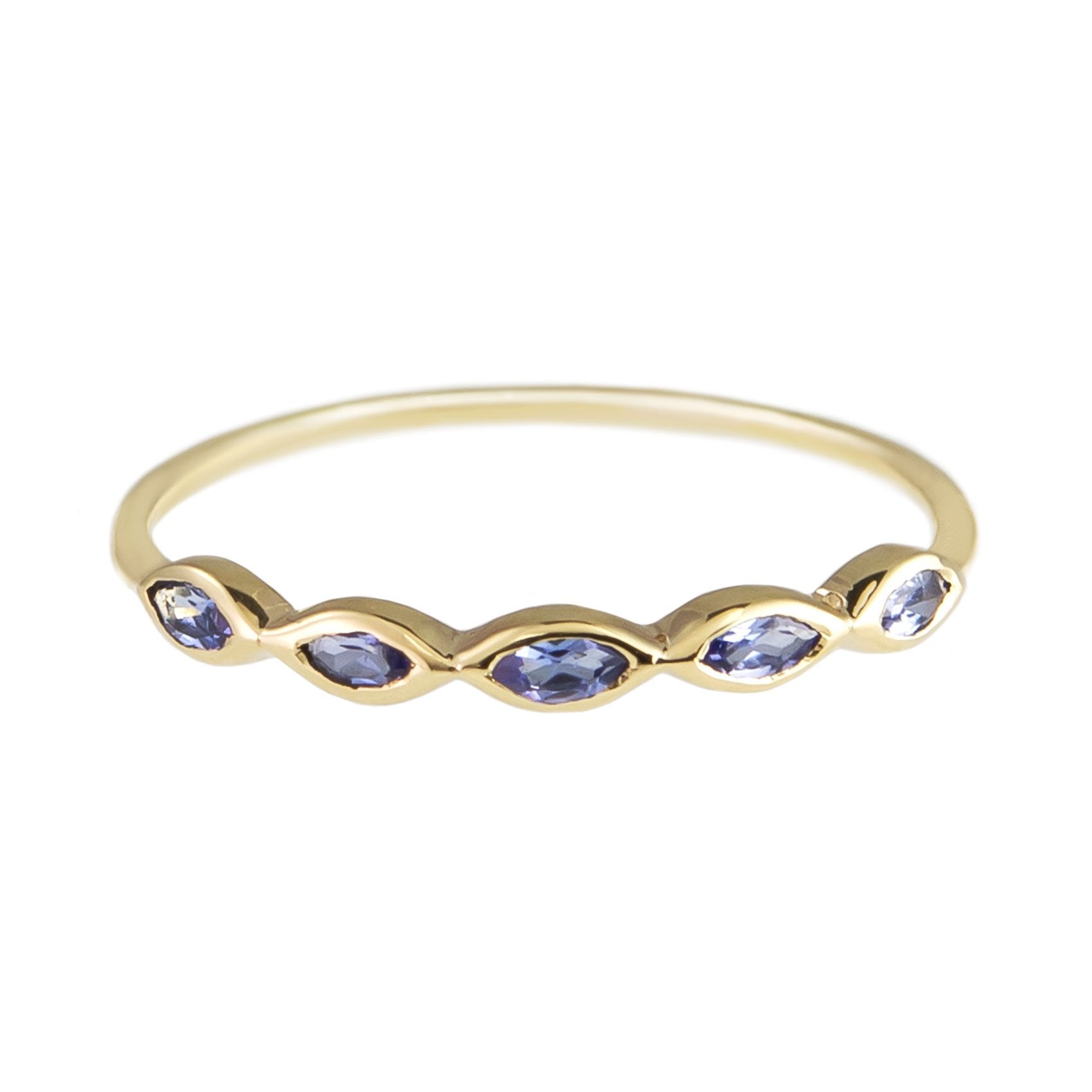 Metier by tomfoolery 5 Stone Tanzanite Ring in 9ct yellow gold with marquise cut tanzanites