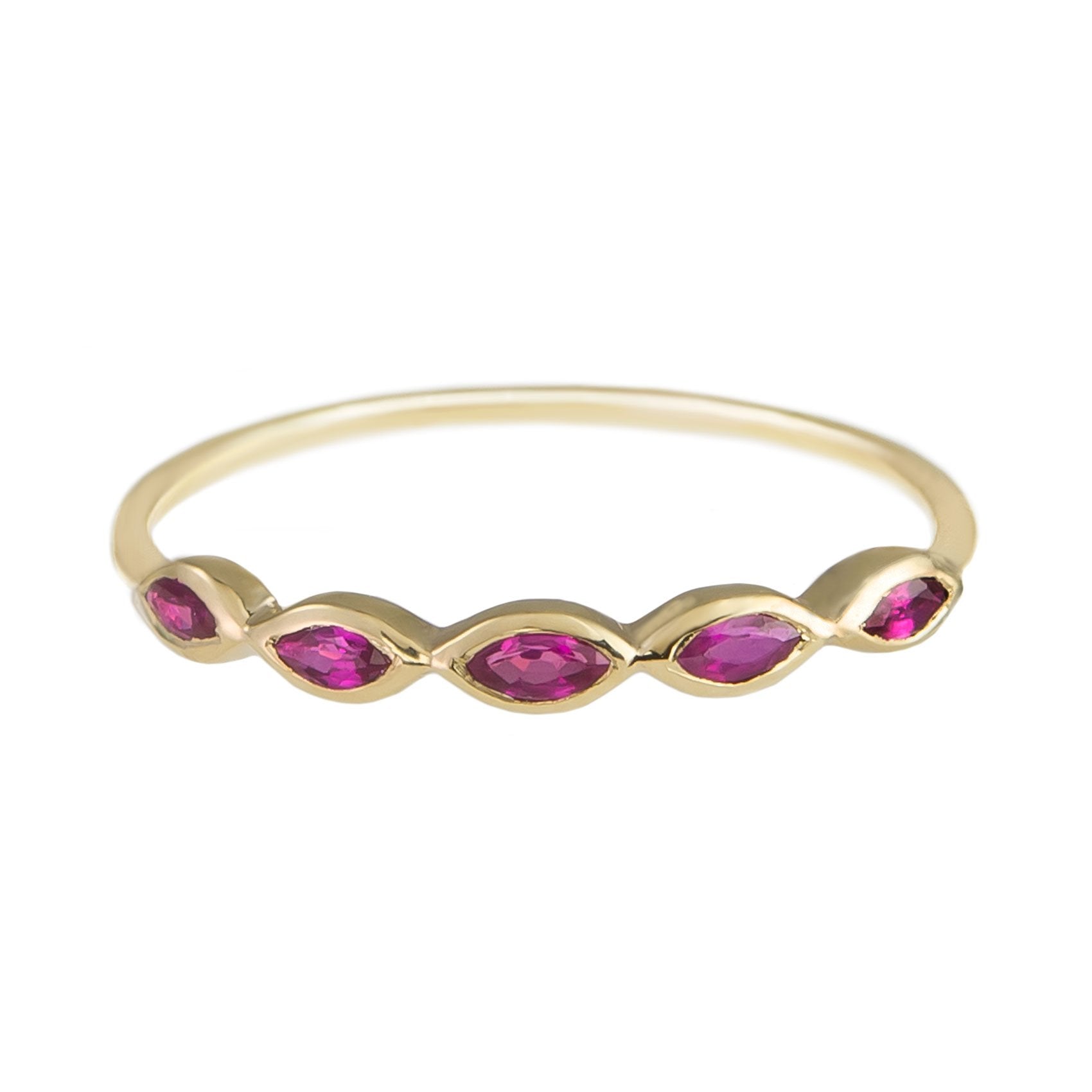 Metier by tomfoolery 5 Stone Ruby Ring in 9ct Yellow Gold with Marquise Rubies