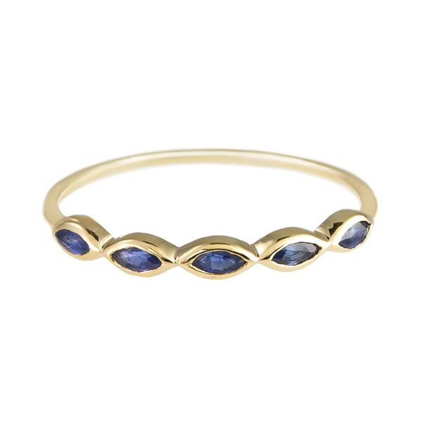 5 Stone Blue Sapphire Ring. 9ct Yellow Gold with marquise cut blue sapphires.