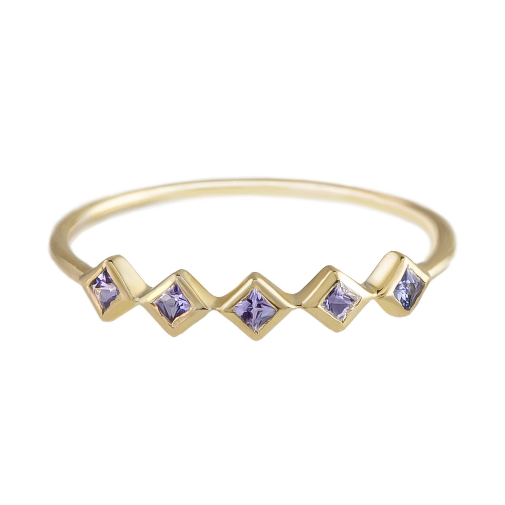 Metier by tomfoolery 5 Stone Tanzanite Ring in 9ct yellow gold with princess cut tanzanites