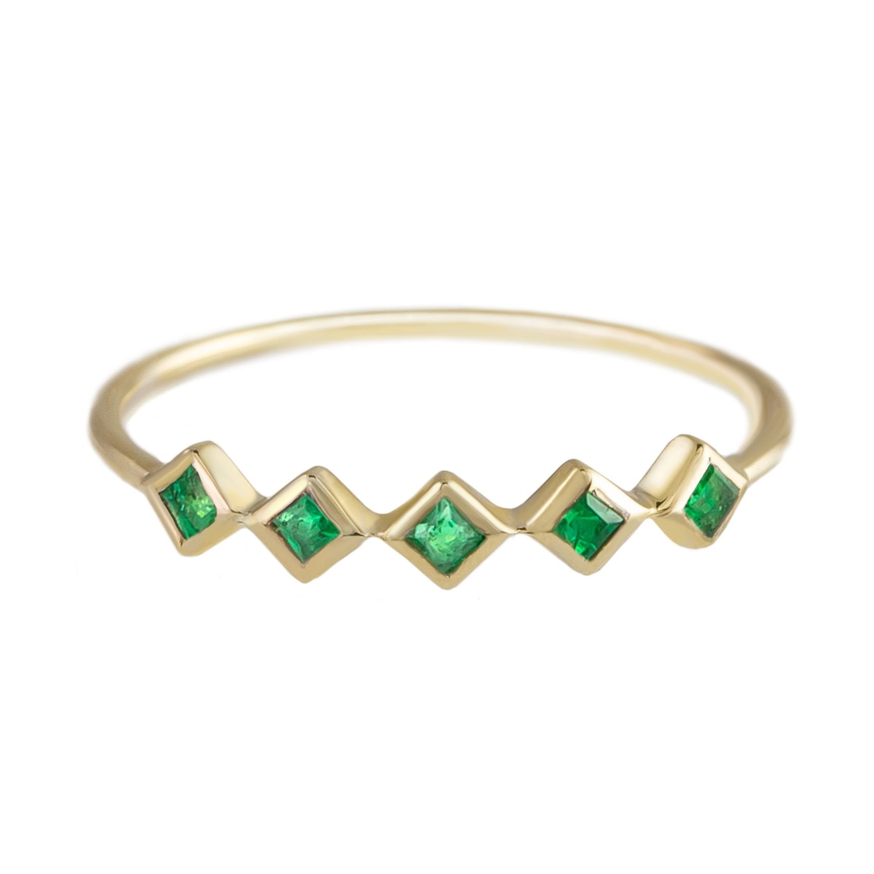 Métier by tomfoolery 5 Stone Emerald Ring 9ct Yellow Gold with Princess Cut Emeralds