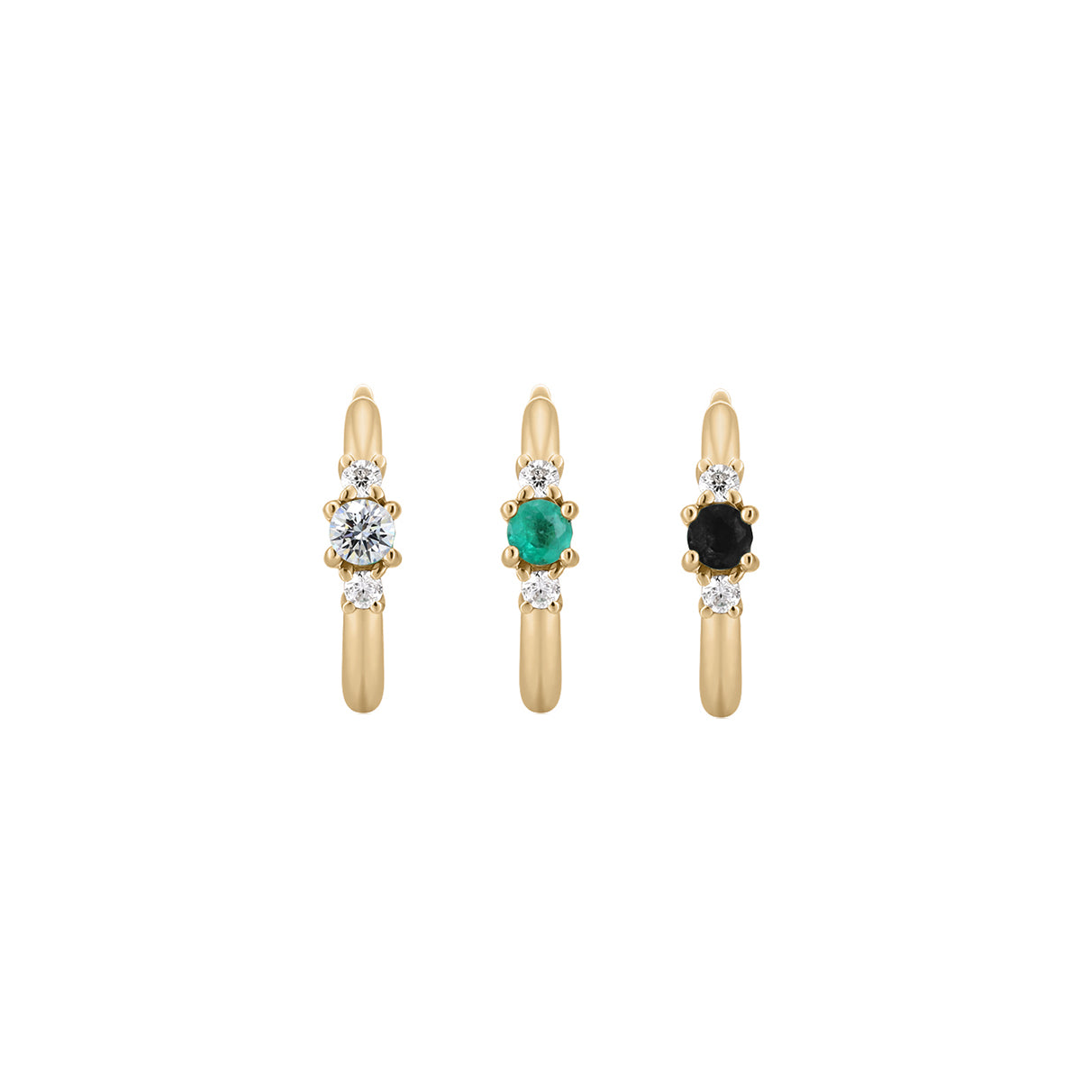 Métier by tomfoolery Petite Triple Gemstone Clicker Hoop Earrings. 9ct yellow gold. white diamond, black diamond. emerald. front view of earrings,