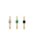 Métier by tomfoolery Petite Triple Gemstone Clicker Hoop Earrings. 9ct yellow gold. white diamond, black diamond. emerald. front view of earrings,