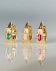 Métier by tomfoolery Dala Detail Textured Gemstone Huggie 9ct yellow gold ruby white diamond emerald