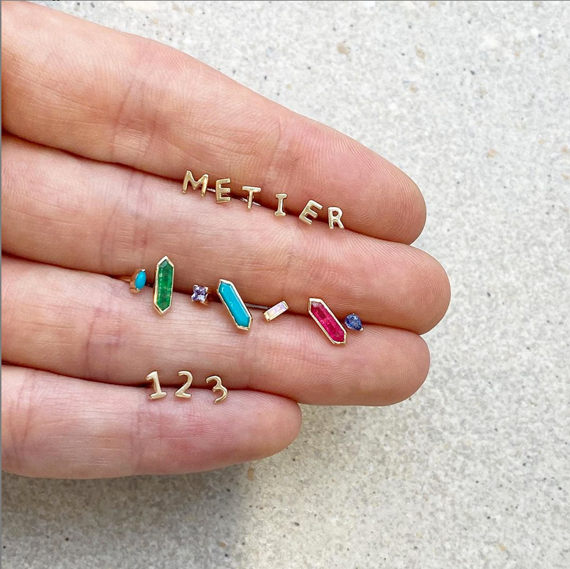metier by tomfoolery mini hexa stud emerald quartz, turquoise, ruby quartz