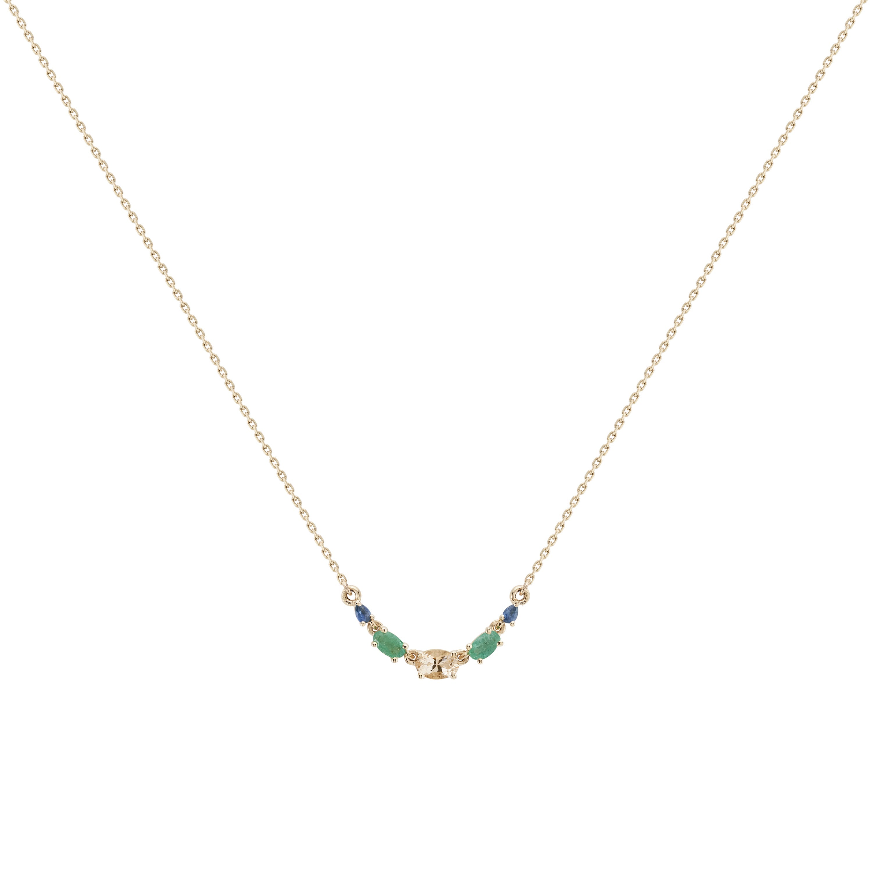 Multi Gemstone Claw Set Necklace Morganite, Emerald &amp; Blue Sapphire