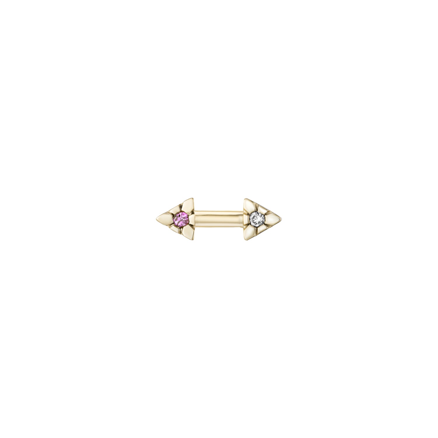Gold earrings with pink gemstones on a white background
