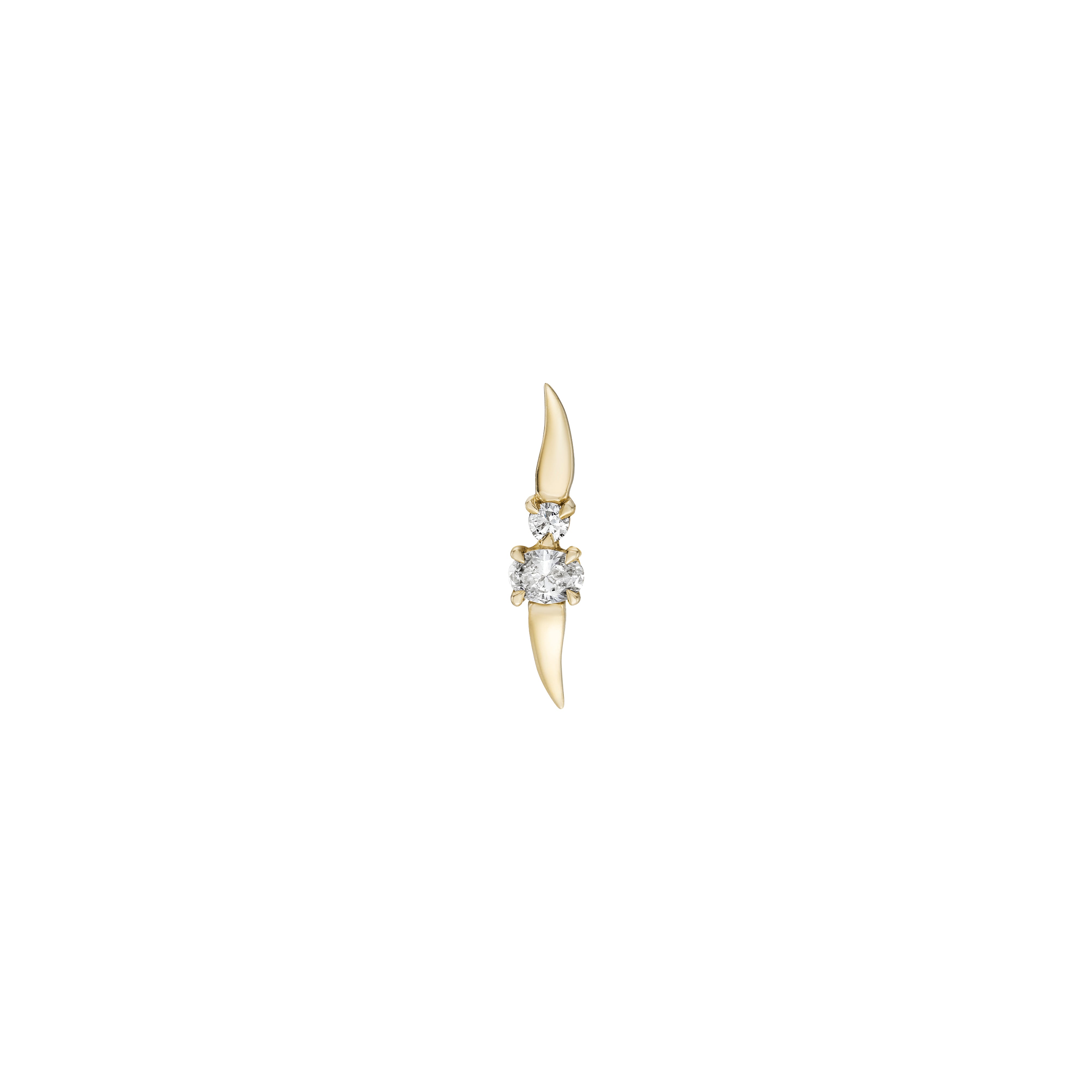 Gold tooth-shaped earring with a clear gemstone on a white background