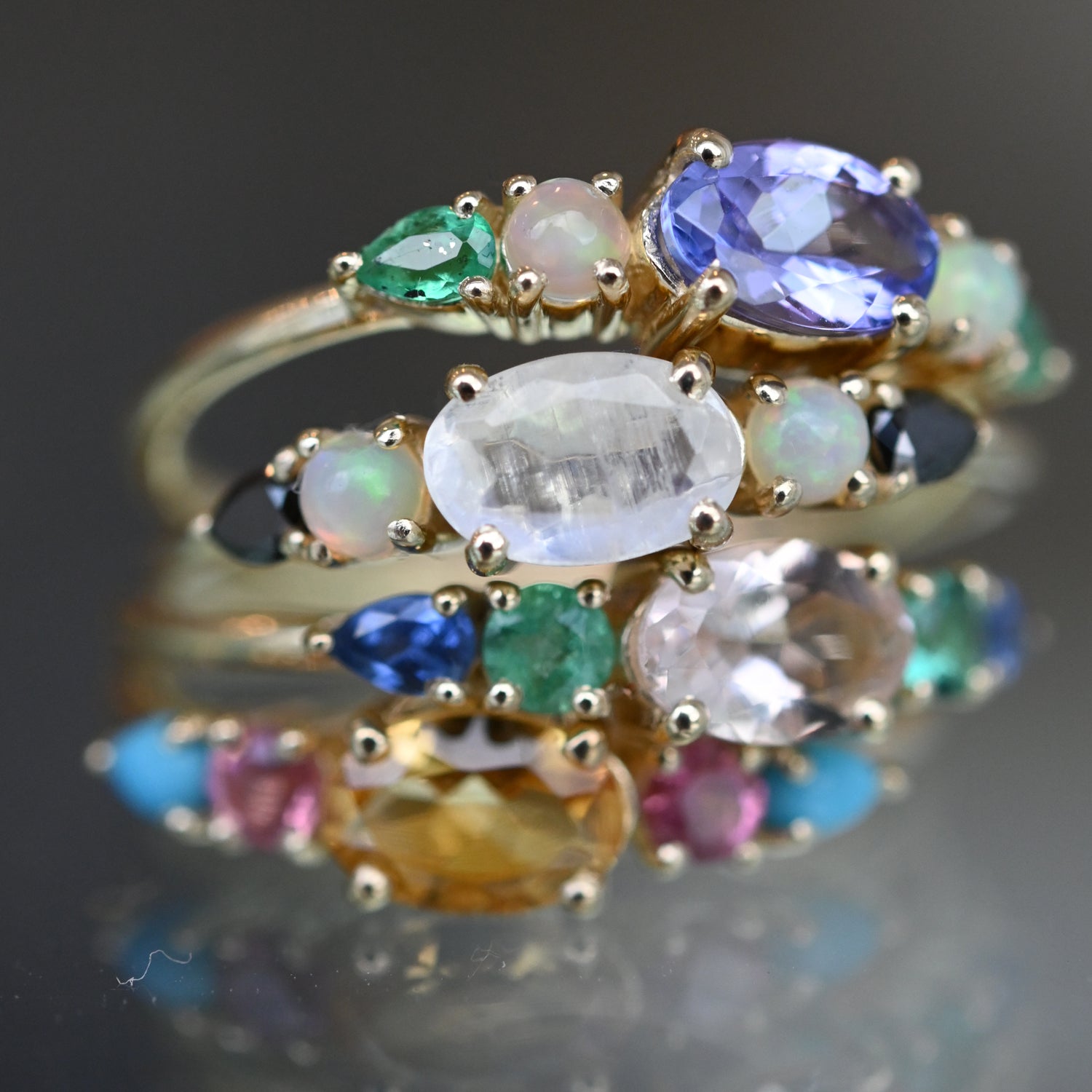 Multi Gemstone Claw Set Ring Moonstone, Blue Opal &amp; Black Diamond