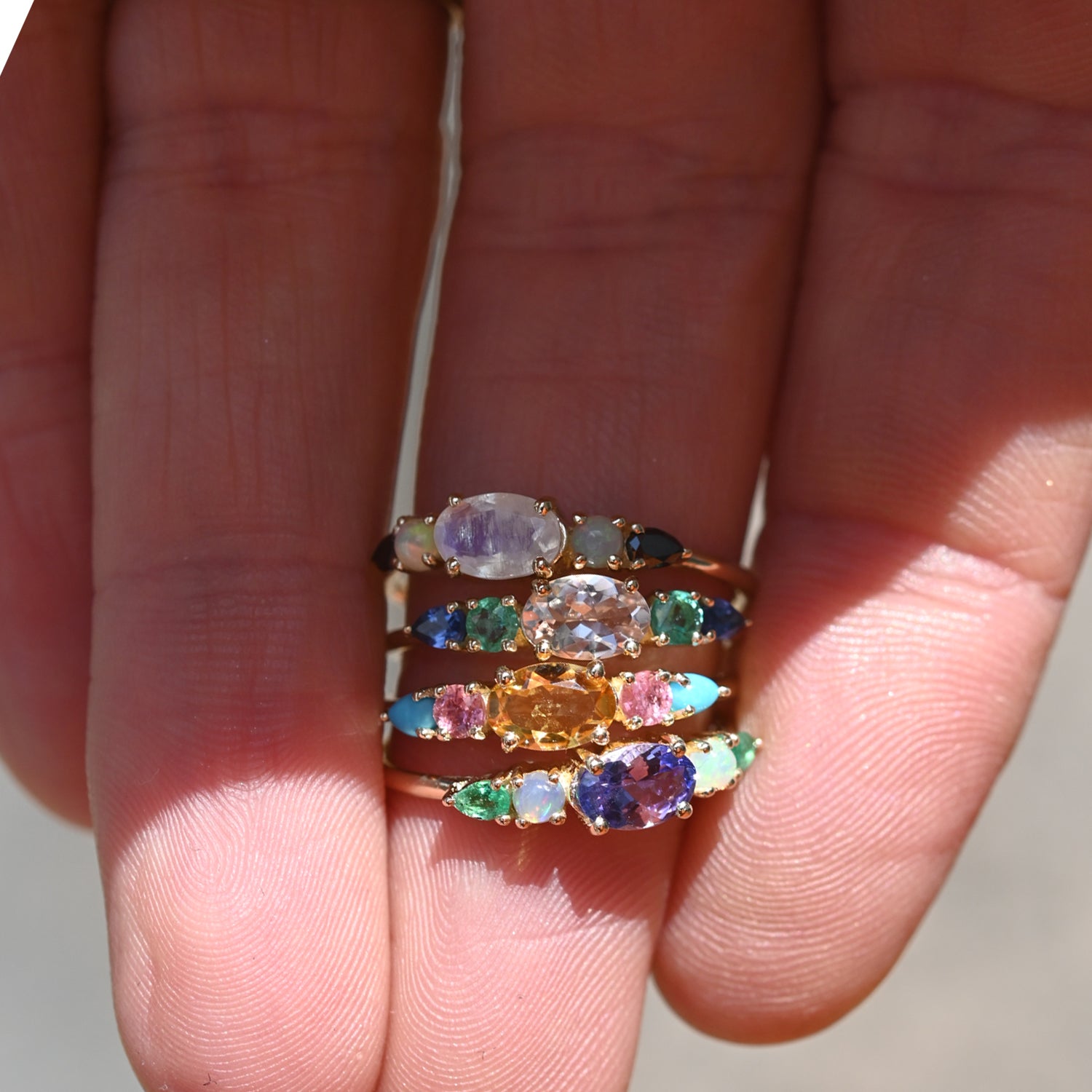 Multi Gemstone Claw Set Ring Tanzanite, Blue Opal &amp; Emerald