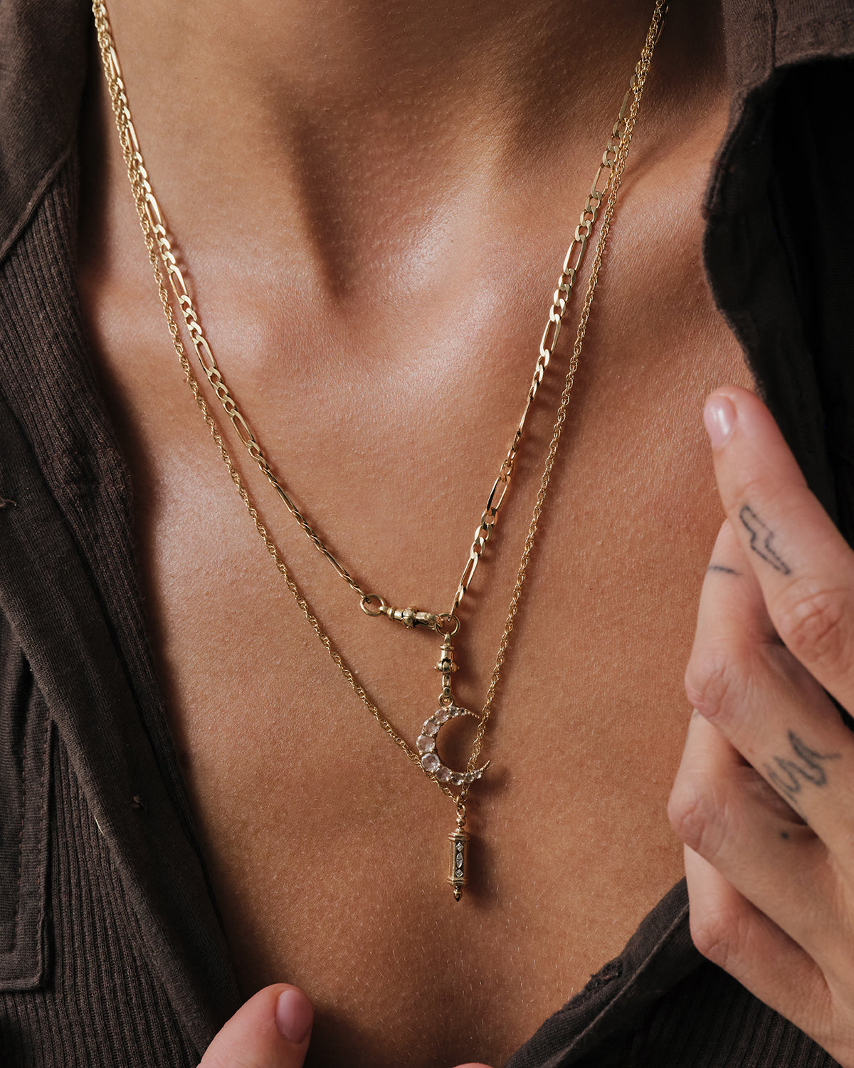 Large Astra Rose Cut Crescent Pendant on model