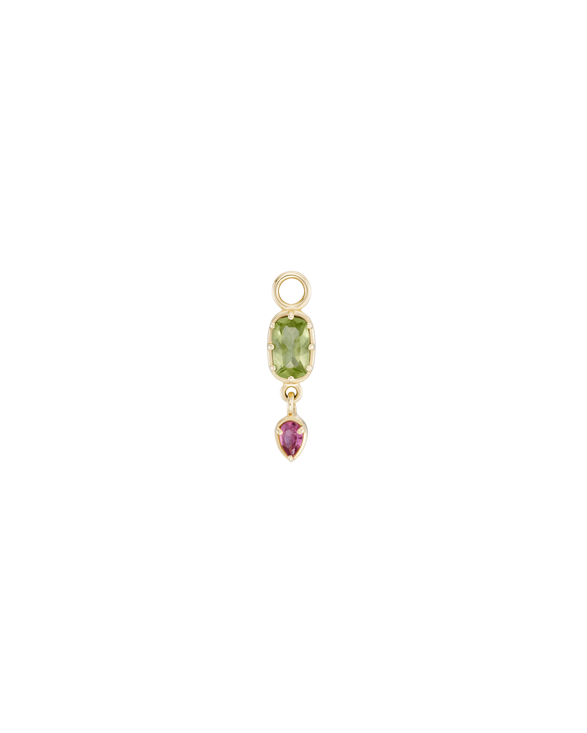 A gold charm featuring a green peridot gemstone and a dangling pink tourmaline stone, set against a solid white background.