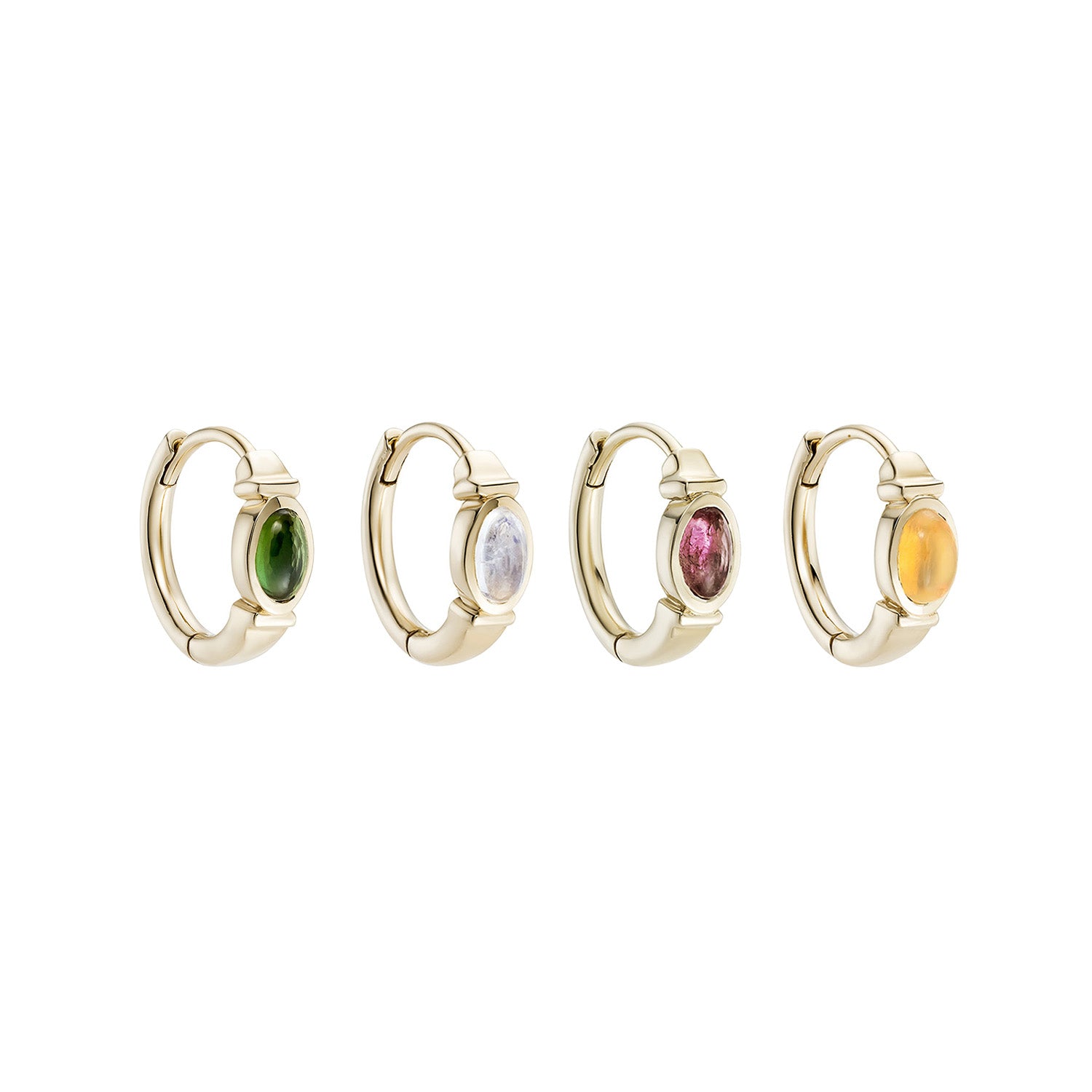 Set of four gold hoop earrings with colorful gemstones on a white background