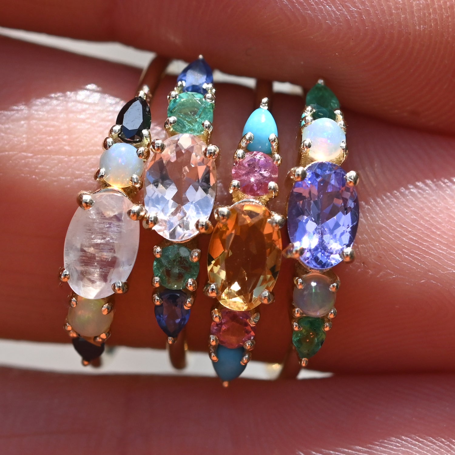 Multi Gemstone Claw Set Ring Moonstone, Blue Opal &amp; Black Diamond