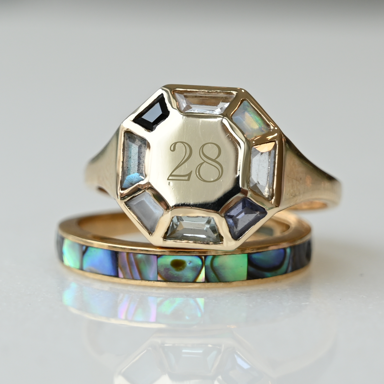 metier by tomfoolery tableu pastel signet ring with number 28 engraving