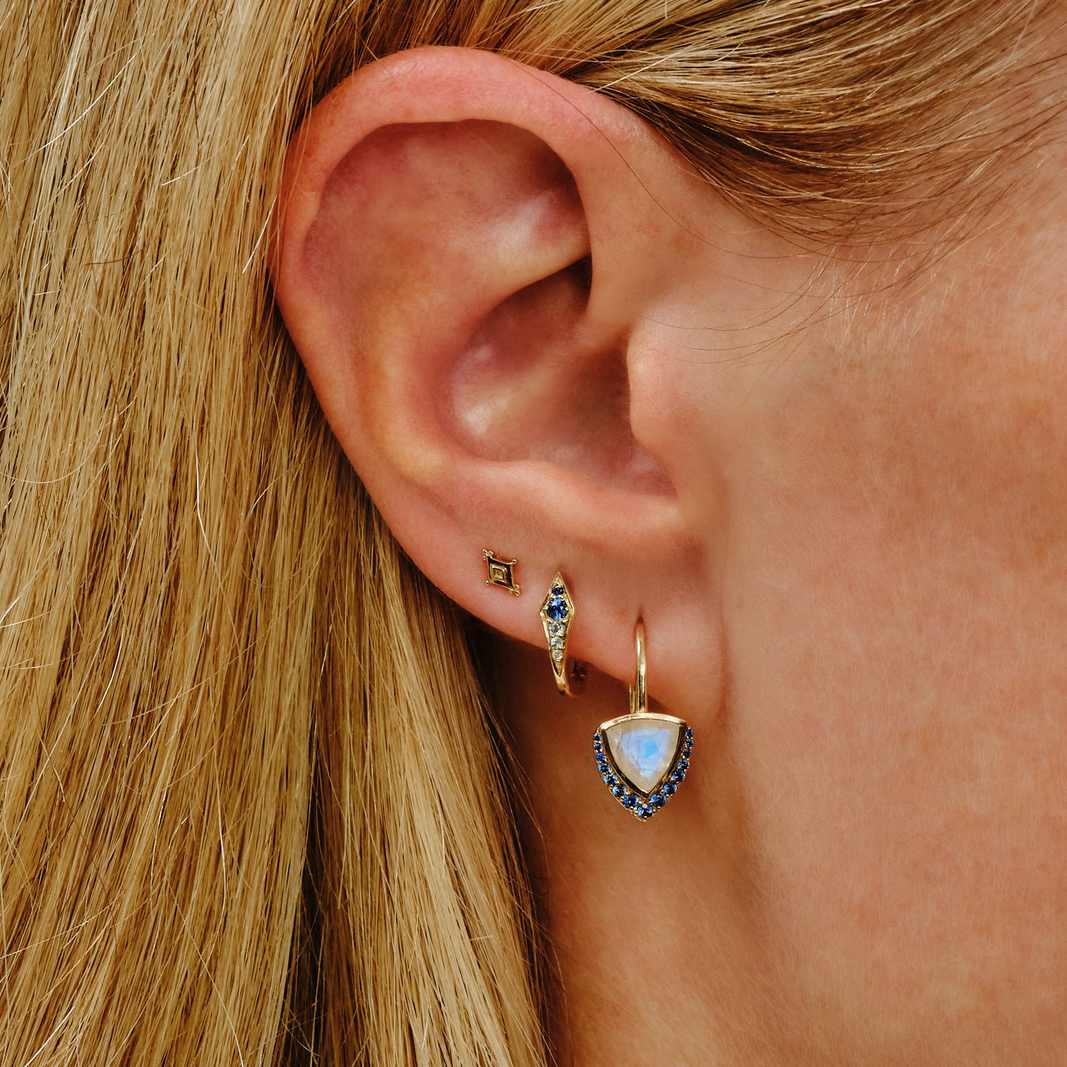 metier by tomfoolery Moonstone & Sapphire Trillion Drop Earring on model