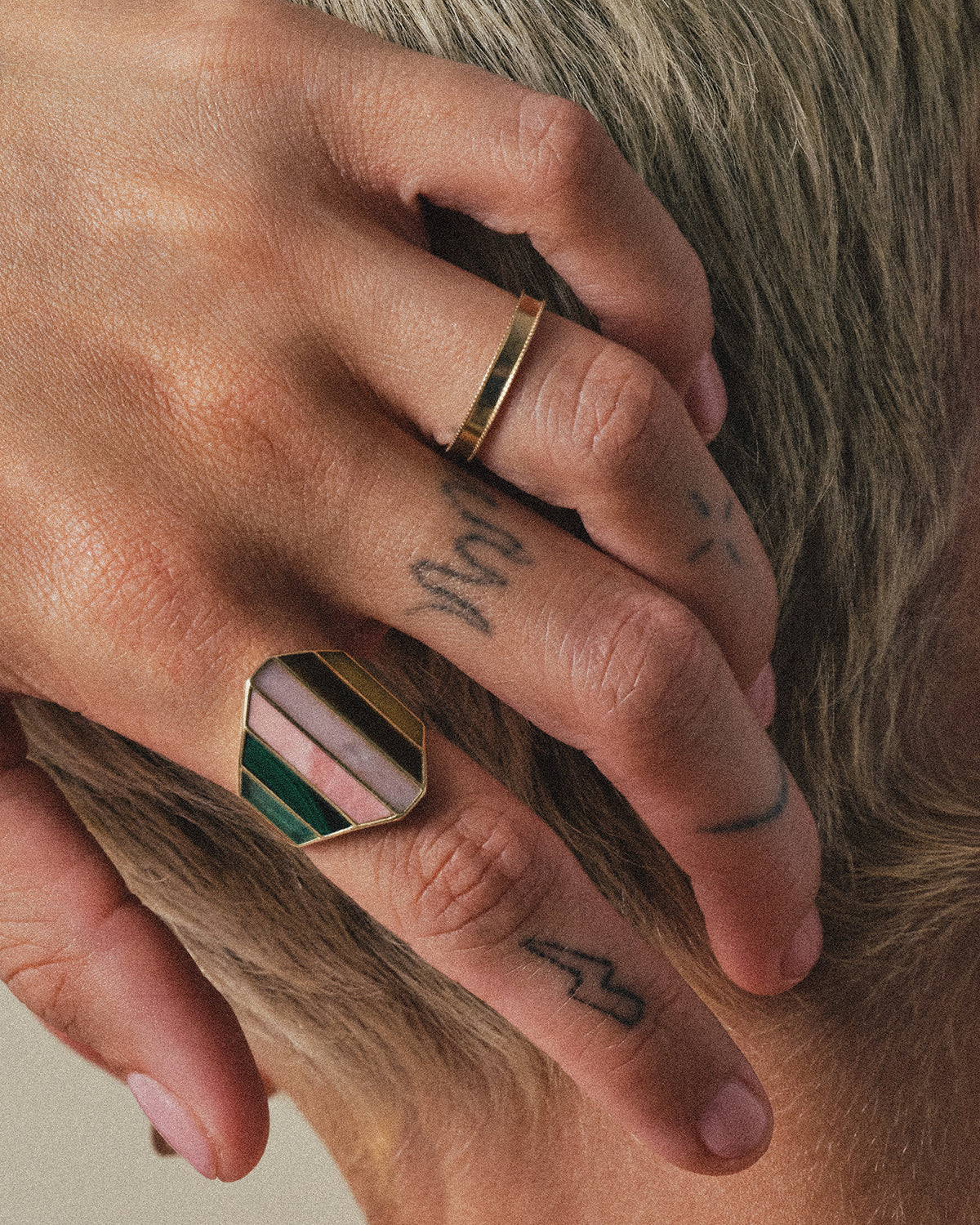 metier by tomfoolery canyon bloom shield ring on model 