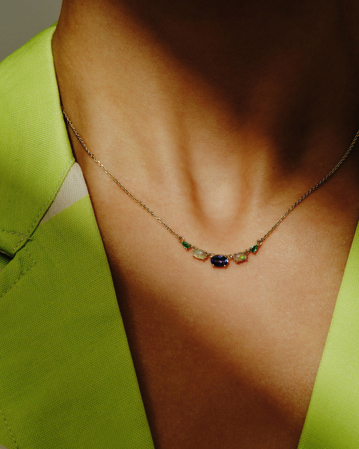 Multi Gemstone Claw Set Necklace Tanzanite, Blue Opal &amp; Emerald