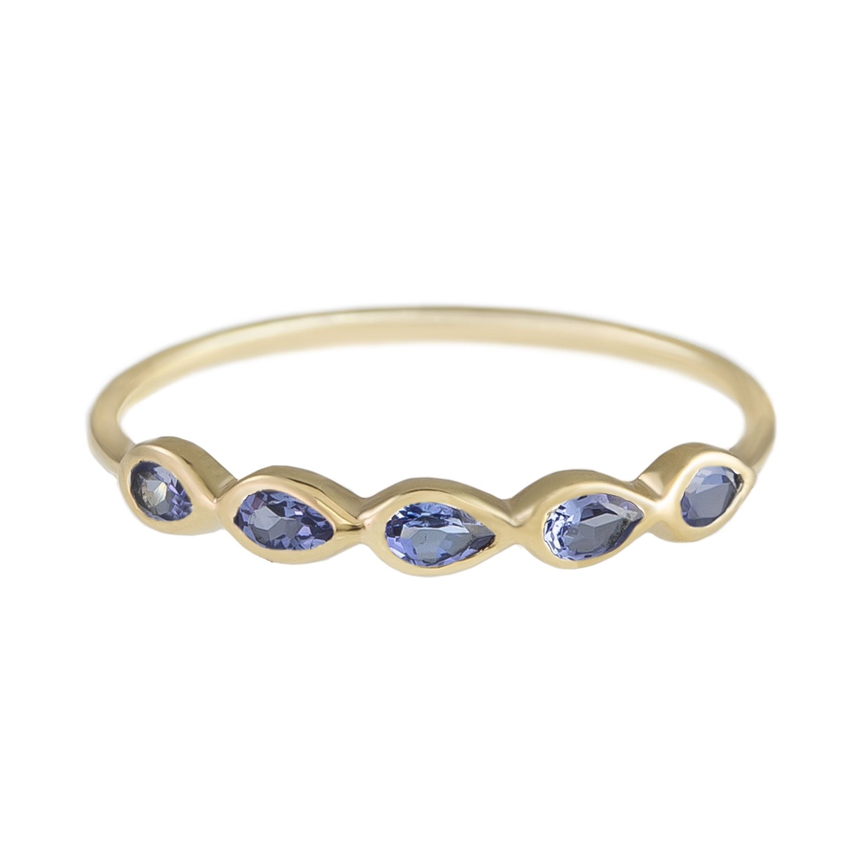 Metier by tomfoolery 5 Stone Tanzanite Ring in 9ct yellow gold with pear cut tanzanites