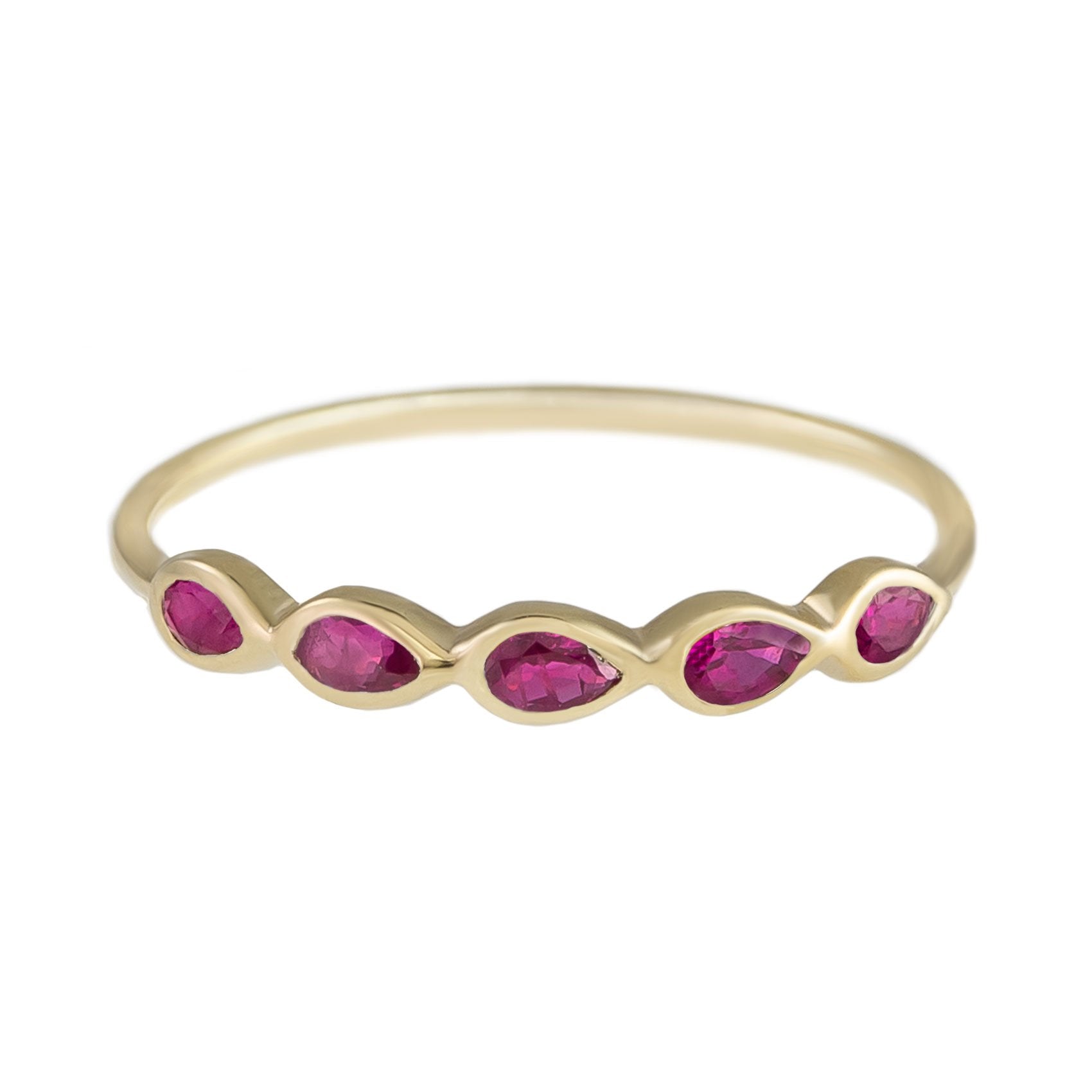 metier by tomfoolery 5 stone ruby ring in 9ct yellow gold with pear cut rubies