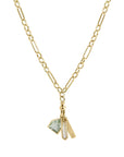 Metier by tomfoolery heavy eiffel chain necklace with swivel, green amethyst maison plaques, hexa plaque, initial plaque in 9ct yellow gold
