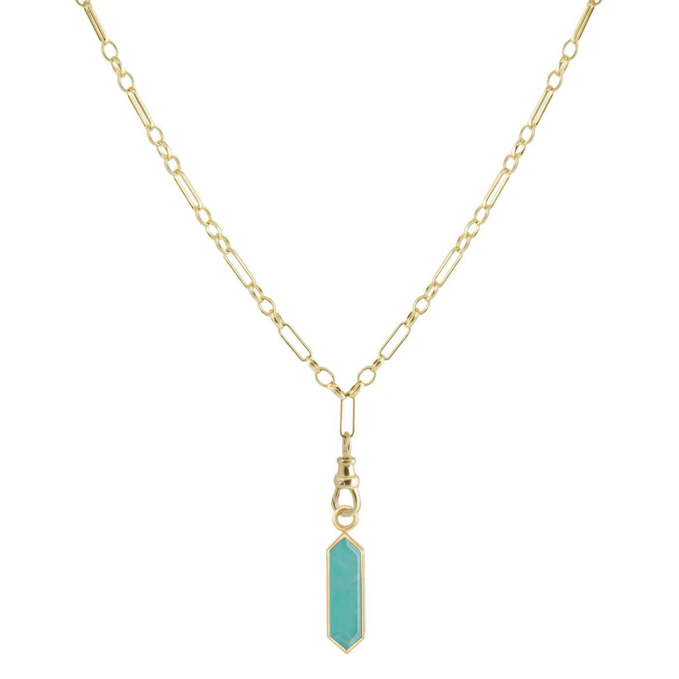 metier by tomfoolery 9ct yellow gold and amazonite hexa plaque on a swivel an eiffel chain. Necklace.