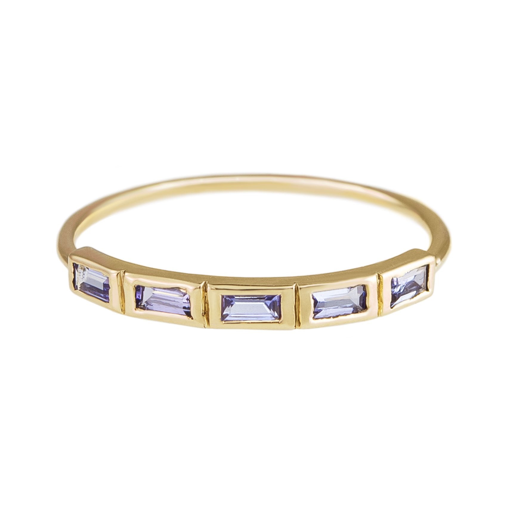 Metier by tomfoolery 5 Stone Tanzanite Ring in 9ct yellow gold with baguette cut tanzanites