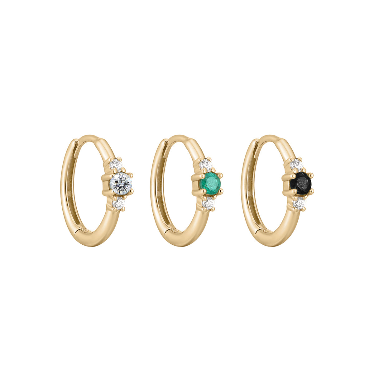 Métier by tomfoolery Petite Triple Gemstone Clicker Hoop earrings. 9ct yellow gold. white diamond, black diamond. emerald.
