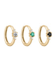 Métier by tomfoolery Petite Triple Gemstone Clicker Hoop earrings. 9ct yellow gold. white diamond, black diamond. emerald.