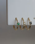 Métier by tomfoolery Petite Triple Gemstone Clicker Hoop Earrings. 9ct yellow gold. white diamond, black diamond. emerald.