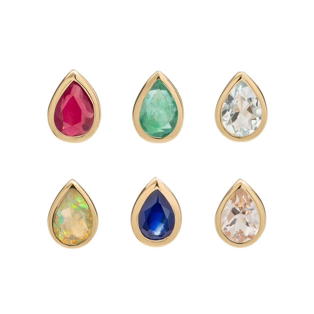 Metier by tomfoolery Bezel Set Pear Gemstone Studs. Ruby, Emerald, Aquamarine, Opal, Blue Sapphire, Morganite. 9ct Yellow Gold.