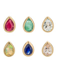 Metier by tomfoolery Bezel Set Pear Gemstone Studs. Ruby, Emerald, Aquamarine, Opal, Blue Sapphire, Morganite. 9ct Yellow Gold.