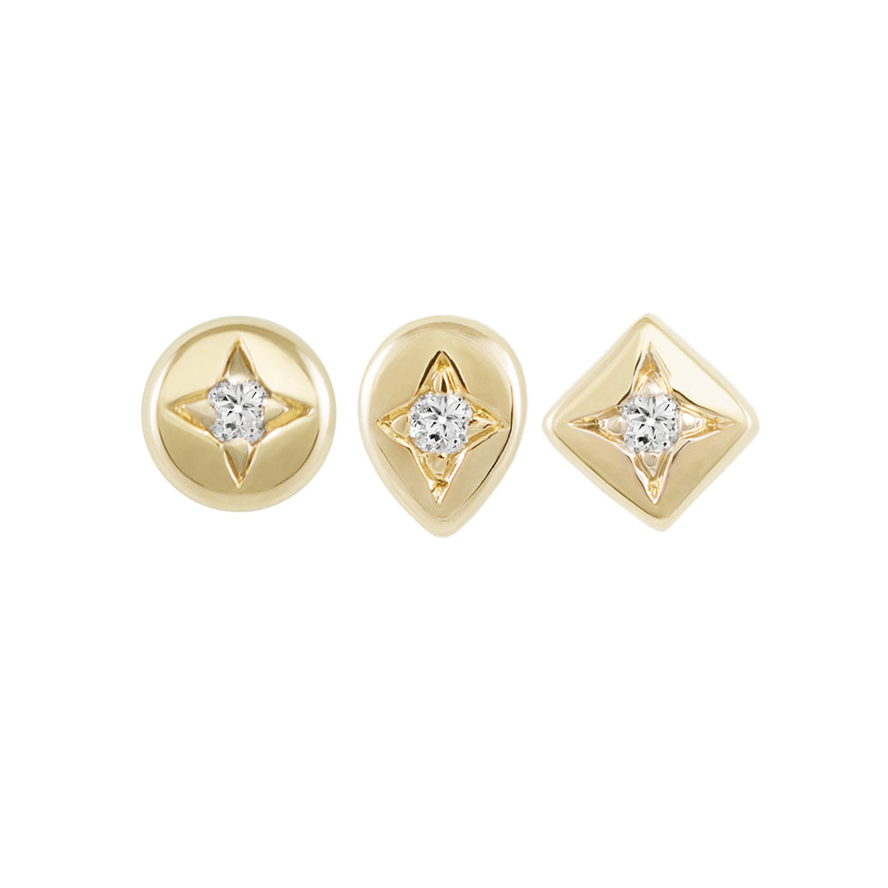Métier by tomfoolery Star Set Diamond Studs. Round. Tear, Square. Solid 9ct Yellow Gold.