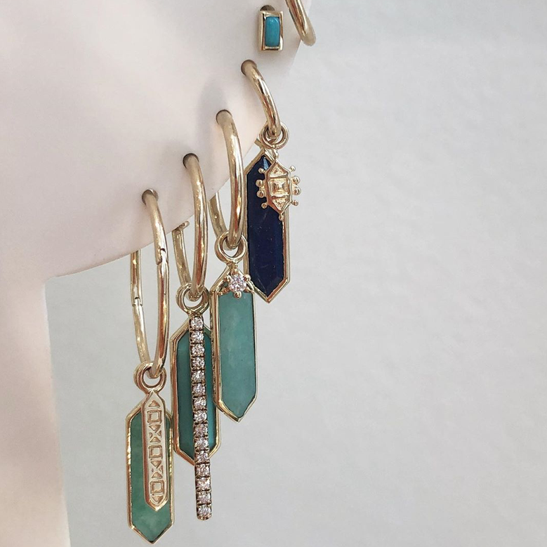 metier by tomfoolery 9ct yellow gold and gemstone hexa plaques with dala plaques, seamless clicker hoop earring and turquoise mini bezel set stud earring.