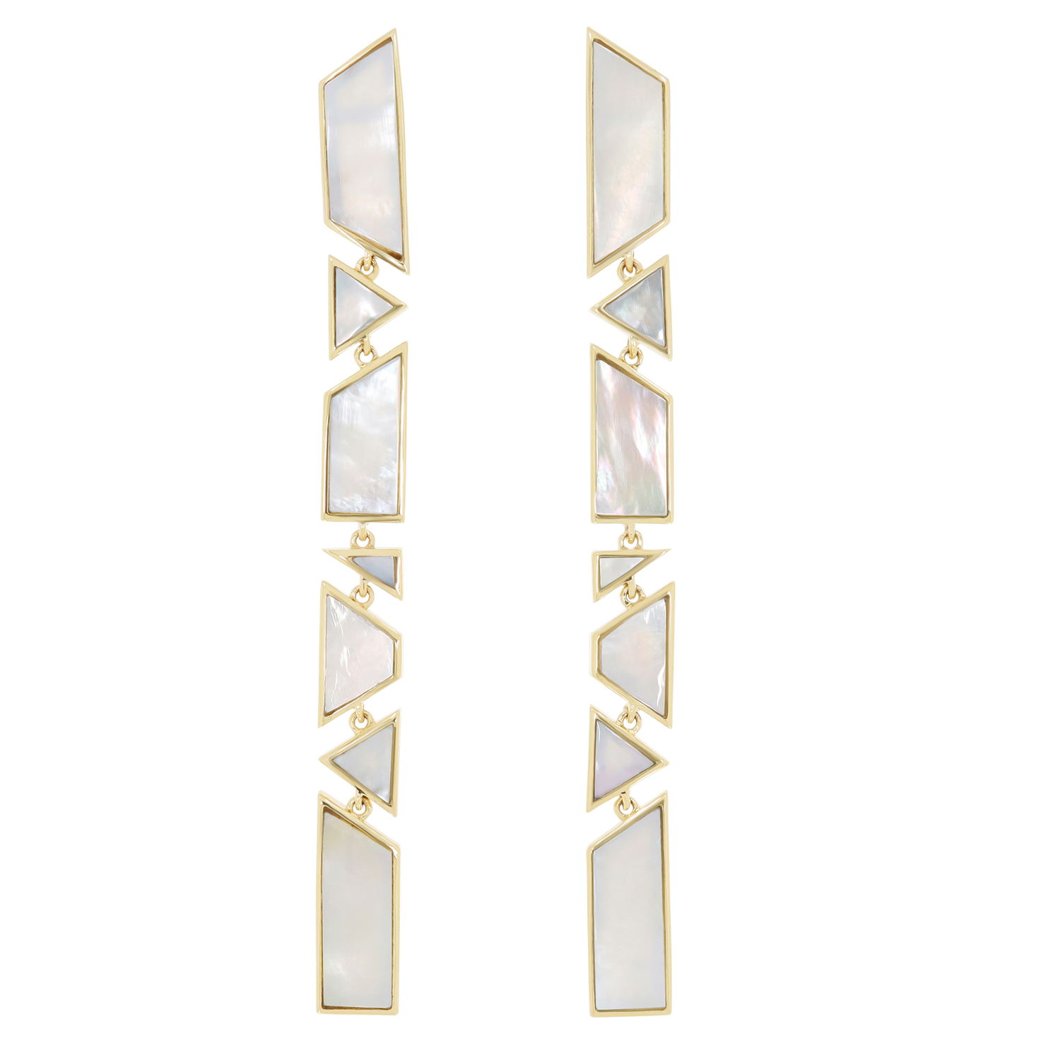 Metier by tomfoolery Tesserae Mother of Pearl Long Drop Earrings 9ct yellow gold