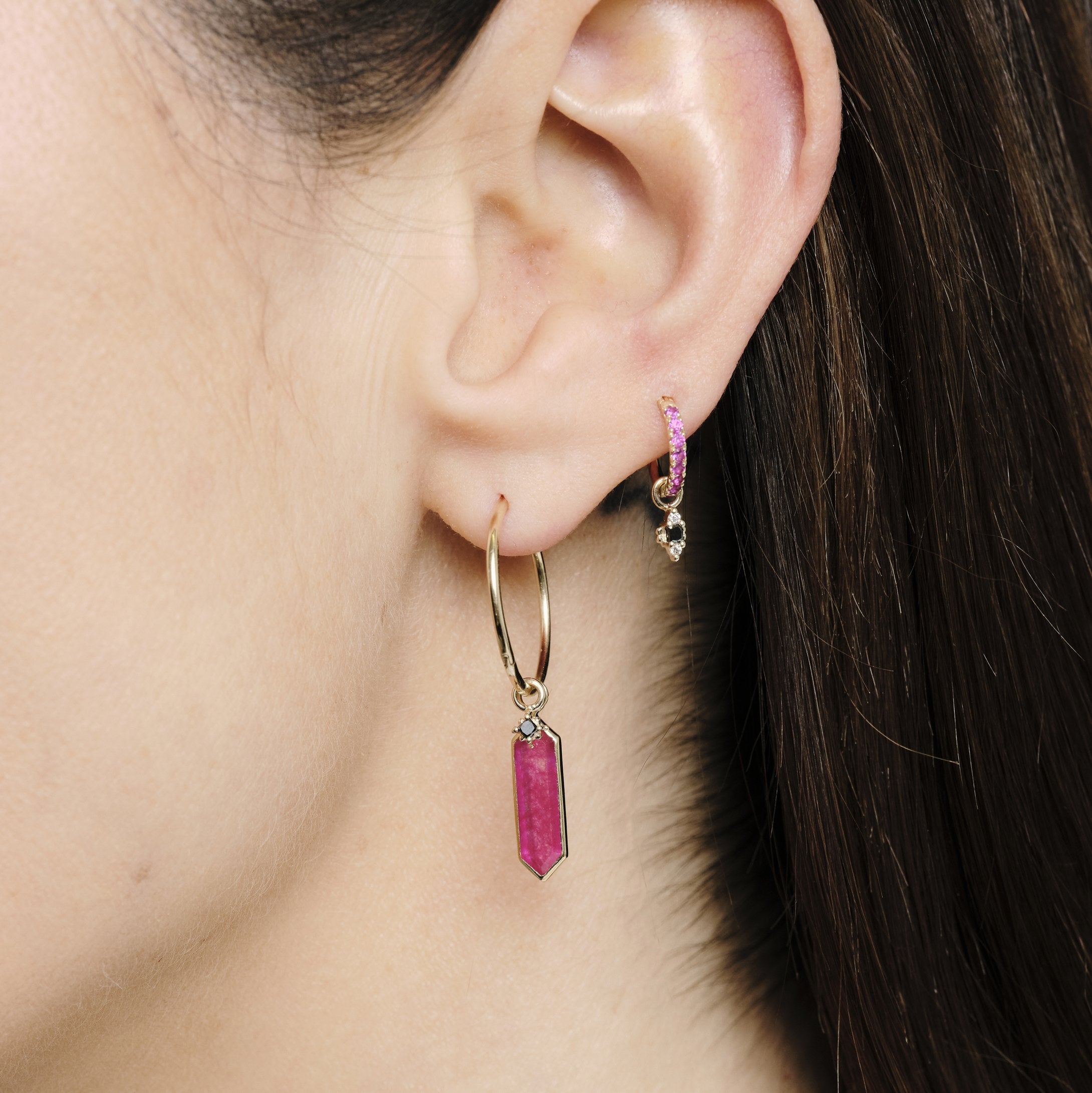 Métier by tomfoolery Ruby Hexa and Dala Ear Story. 9ct Yellow Gold. White and Black Diamonds. Rubies. Ruby Quartz.